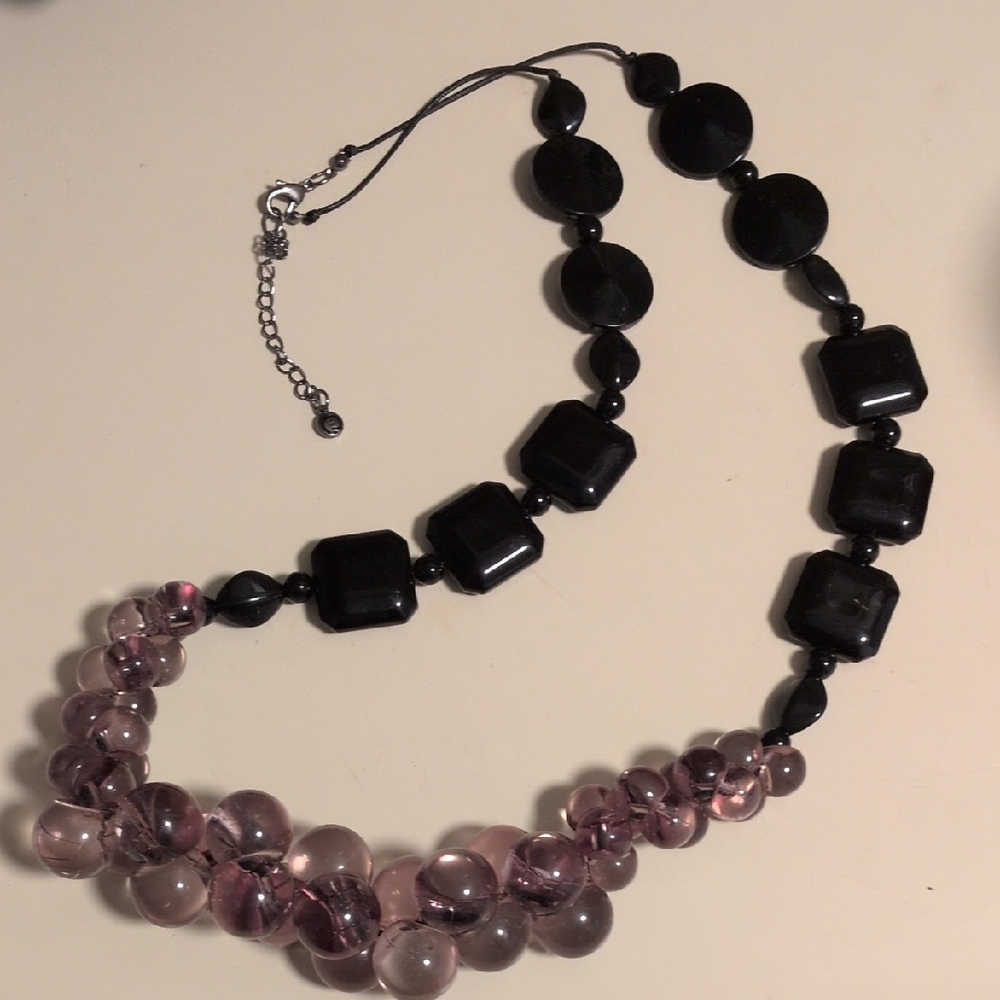 C1946 Black Statement Necklace w/ Smoky Gray Glass Beads & Adjustable Chain‎